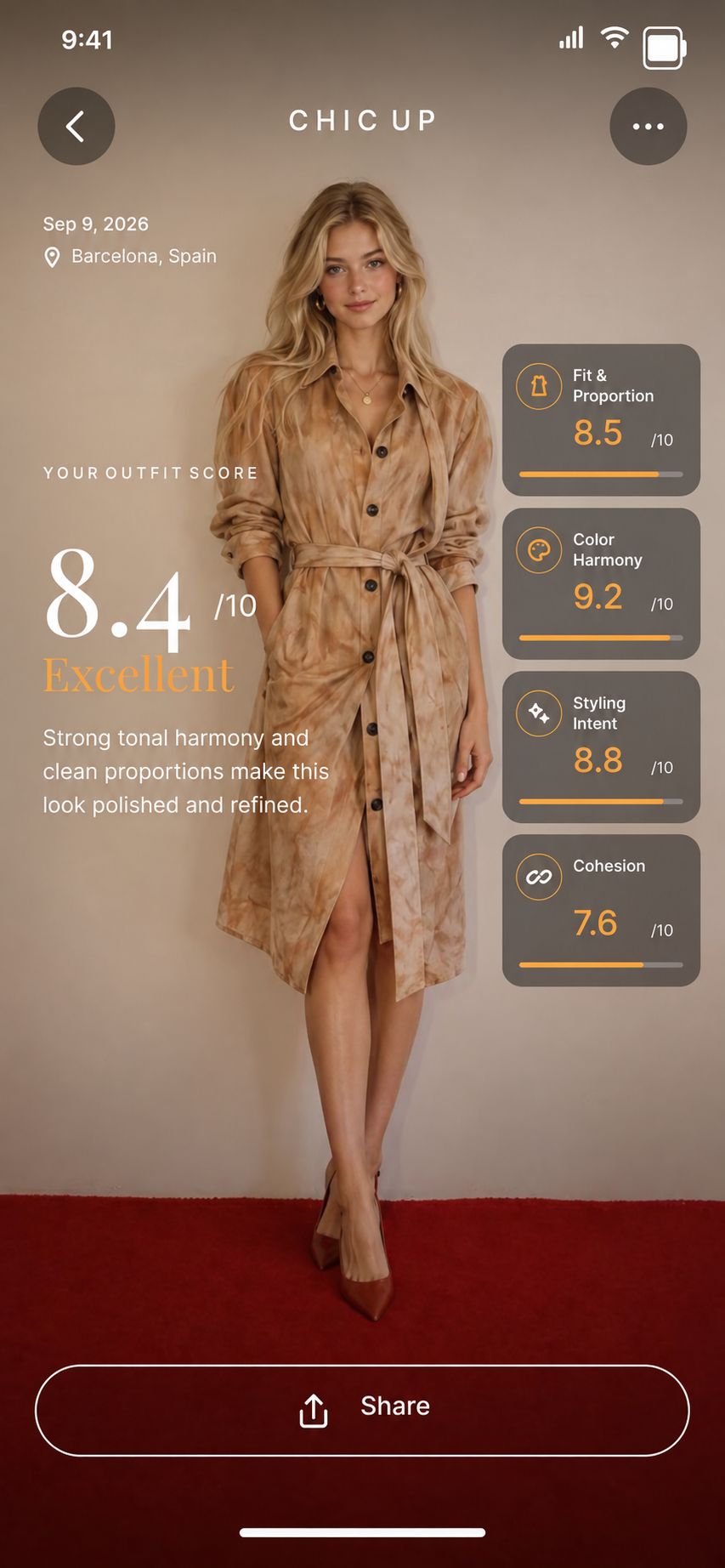 ChicUp analyzing an outfit through fit, color harmony, styling intent and cohesion.