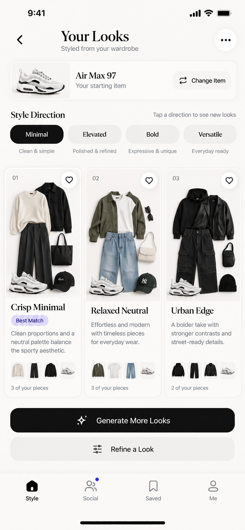 ChicUp creating three personalized outfits around an Air Max 97 from the user's wardrobe.